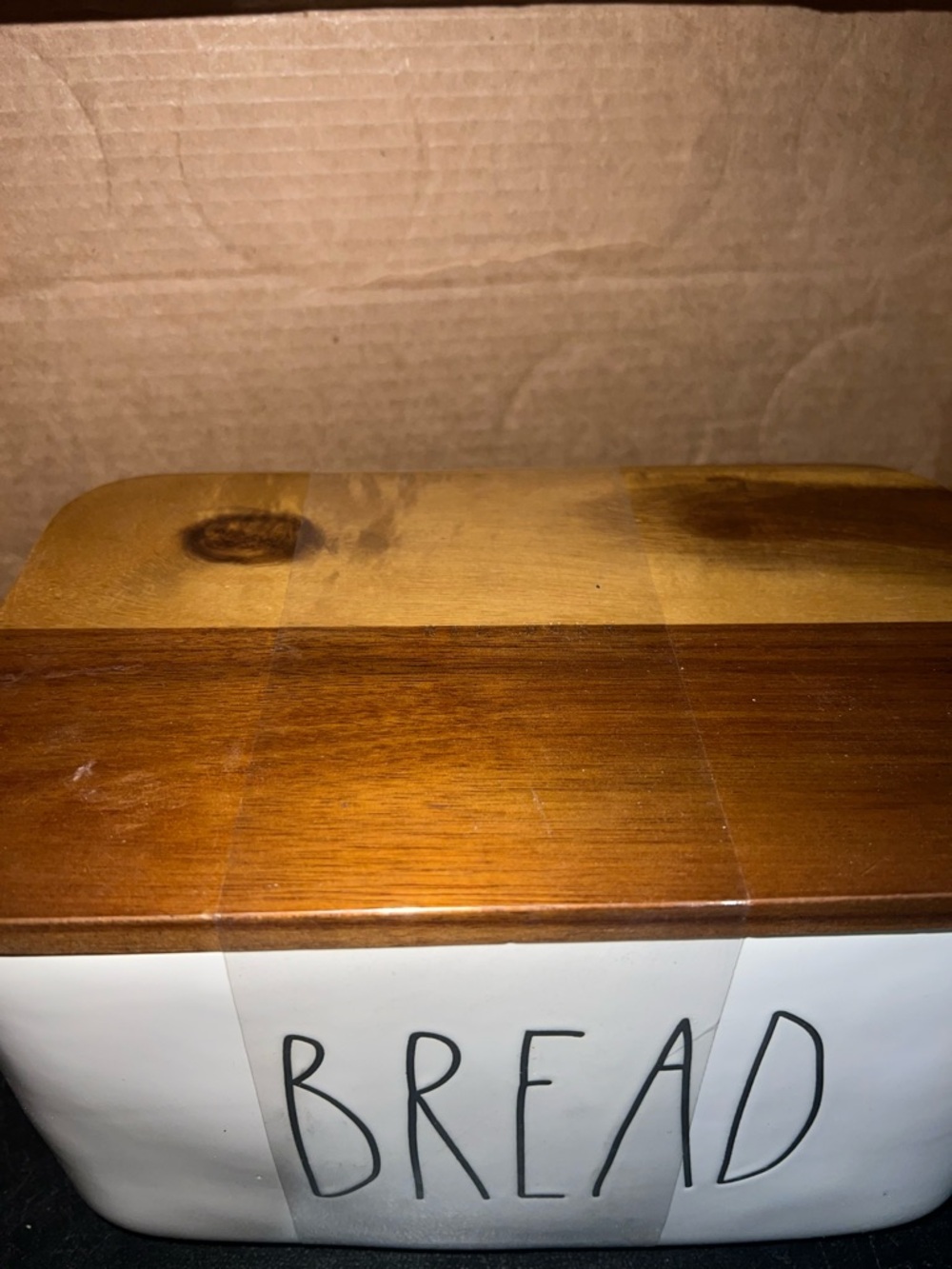 Rae Dunn White Ceramic Bread Box with Wood Lid - Picture 3 of 3